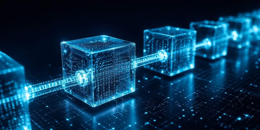 Blockchain technology illustrated as interconnected blocks with glowing data streams