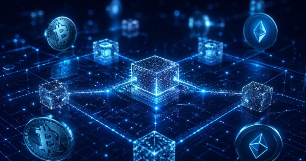 Cryptocurrency and blockchain network visualization representing crypto trading and DeFi guides on Crypto30X