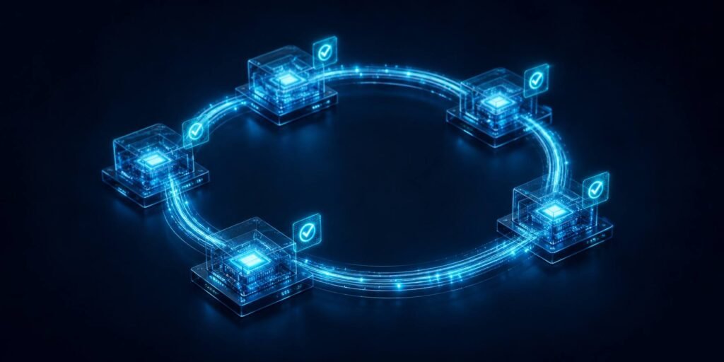 Blockchain consensus mechanism showing network nodes verifying transactions