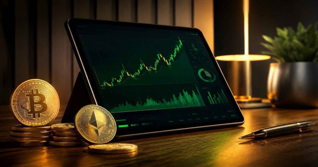 Cryptocurrency investment guide for beginners showing crypto portfolio charts and digital assets