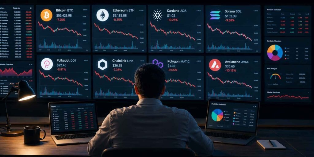 Investor analyzing a diversified cryptocurrency portfolio with multiple crypto market charts and risk management dashboards on large screens.