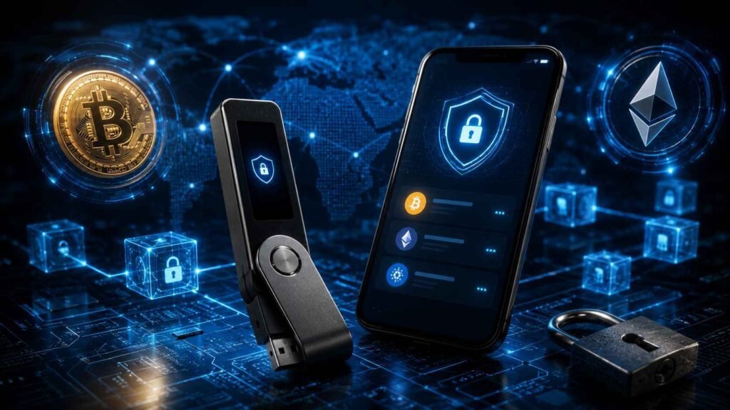 Hardware crypto wallet and smartphone displaying secure cryptocurrency wallet interface with Bitcoin and Ethereum symbols