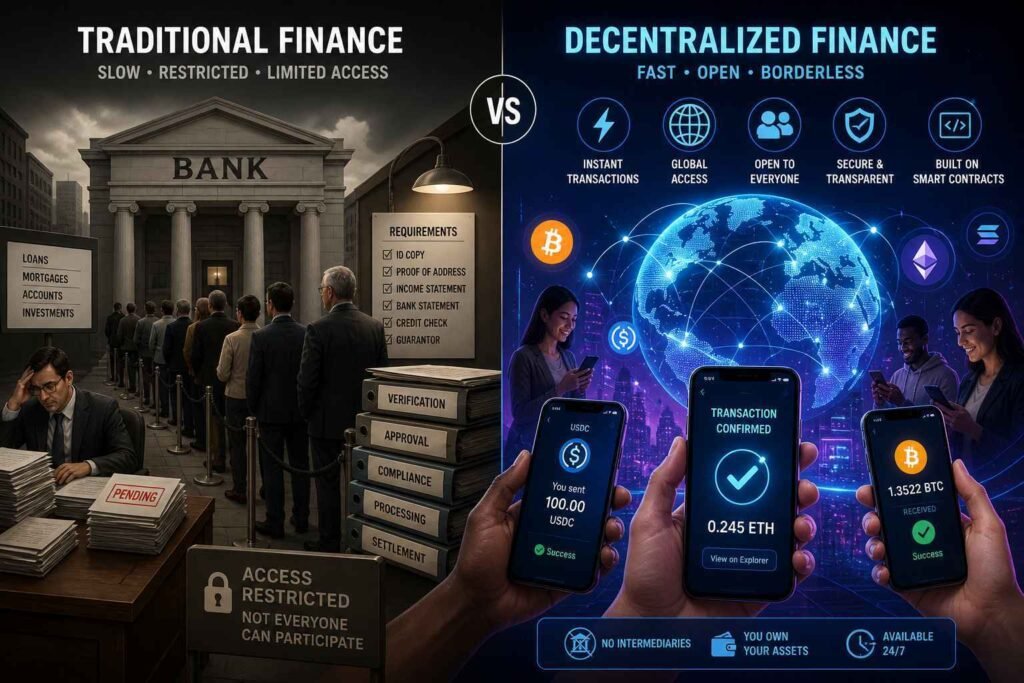 Comparison of DeFi and traditional finance showing banks versus decentralized crypto transactions and global access