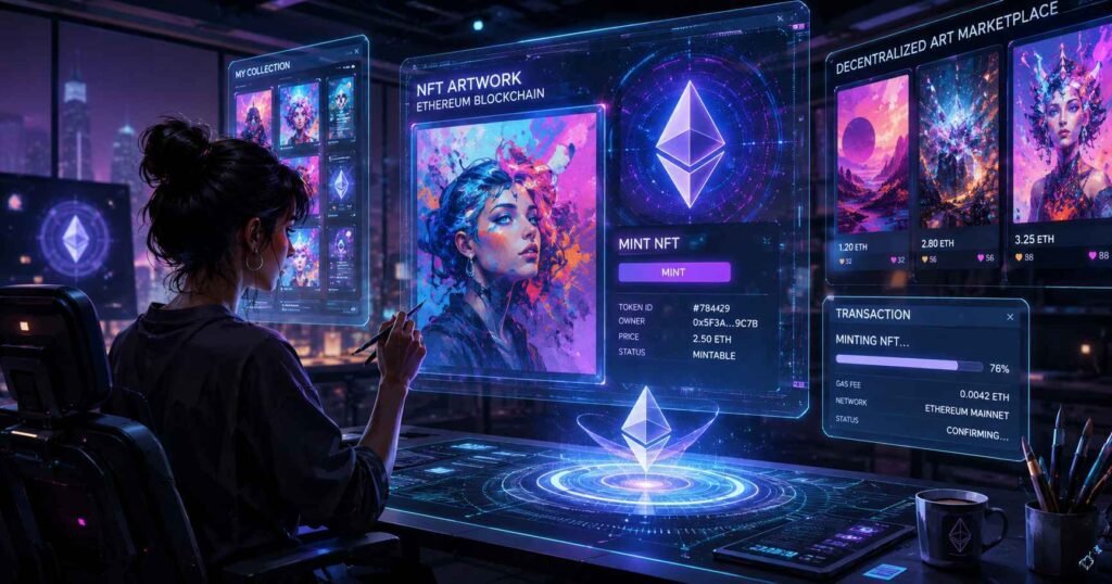 Digital artist creating and minting NFT artwork on a futuristic blockchain platform