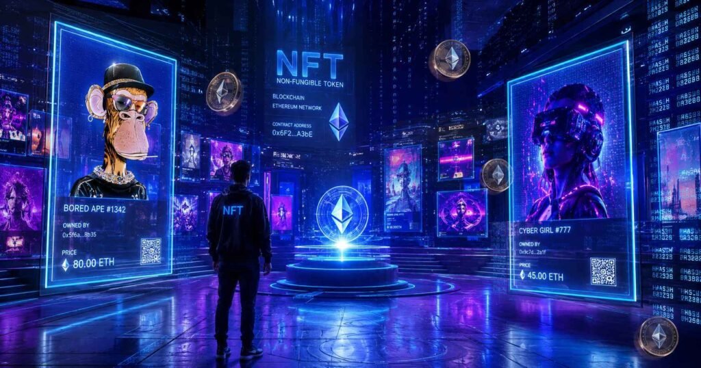 Futuristic NFT digital art gallery with blockchain technology and crypto-inspired holographic artwork