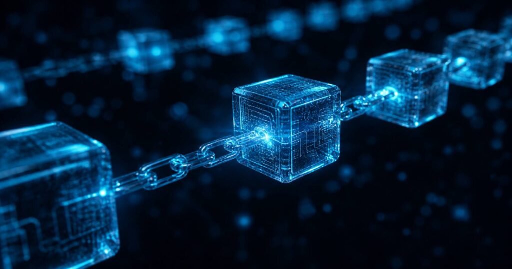 Blockchain technology illustrated as interconnected glowing blocks in a decentralized network