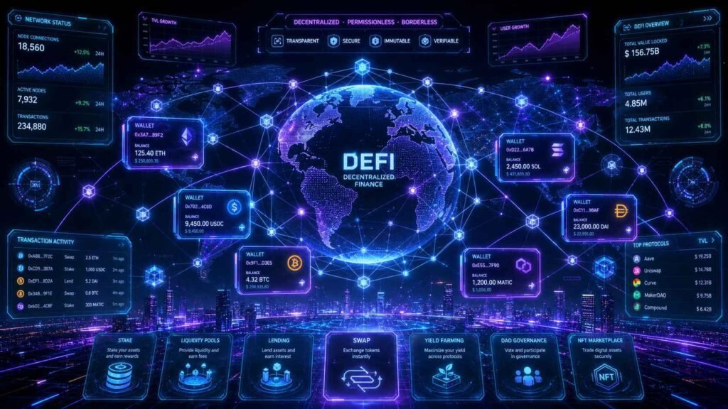 What is DeFi in crypto showing a decentralized finance ecosystem with blockchain networks and digital wallets