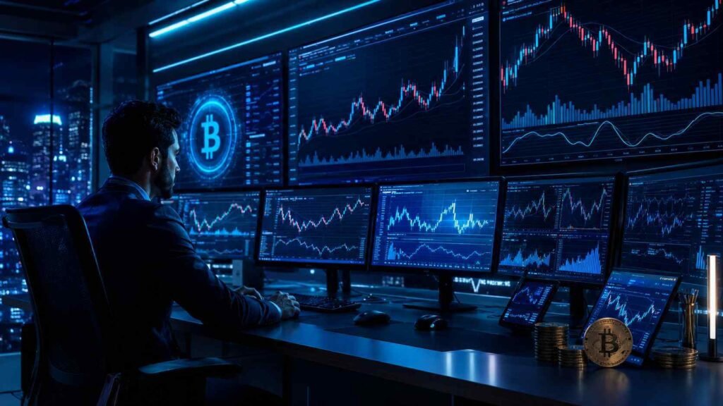 Cryptocurrency trader monitoring multiple screens with live Bitcoin price charts and trading indicators