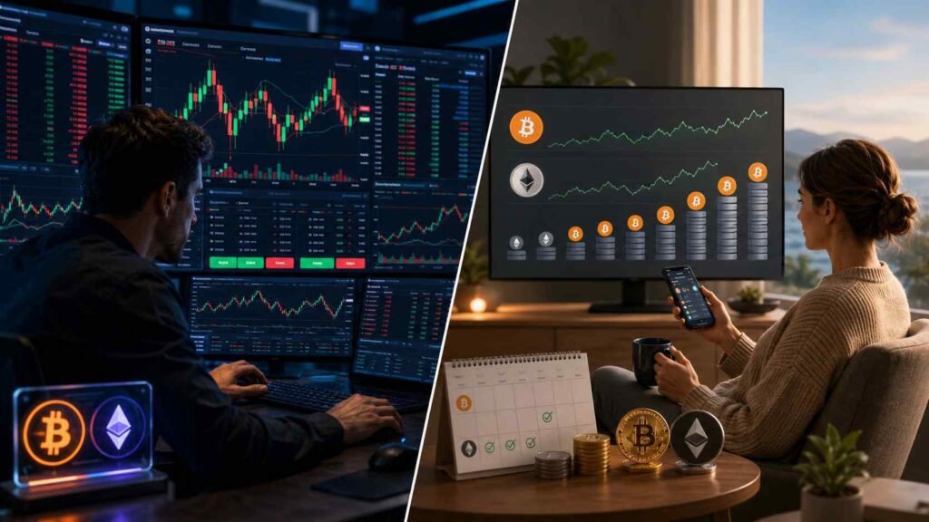 Split scene showing active crypto day trader versus long term investor using dollar cost averaging strategy