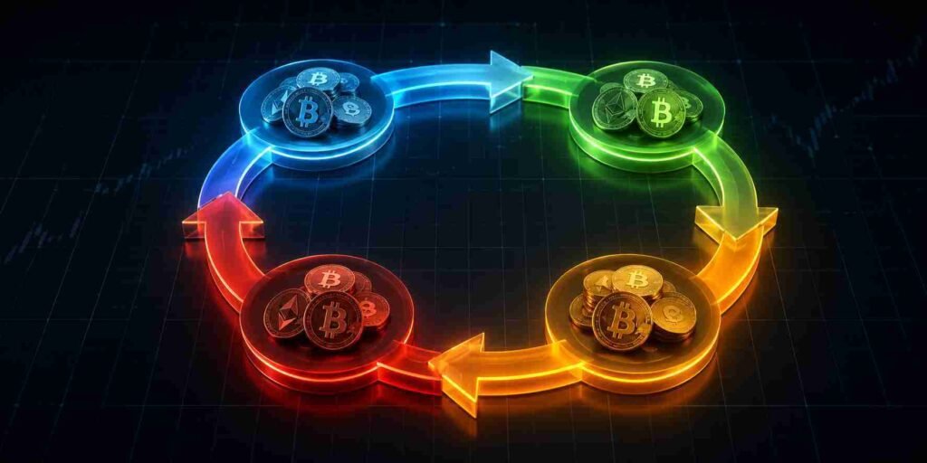 Crypto market cycle phases illustrated showing accumulation markup distribution and markdown in a circular flow diagram
