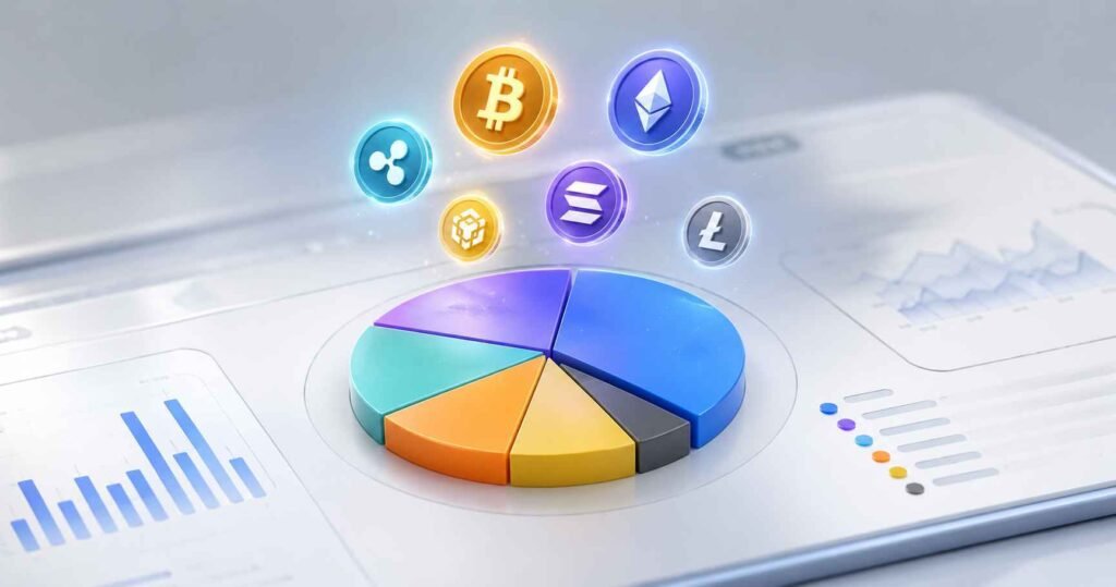 Crypto portfolio management dashboard showing diversified digital asset allocations and portfolio balance
