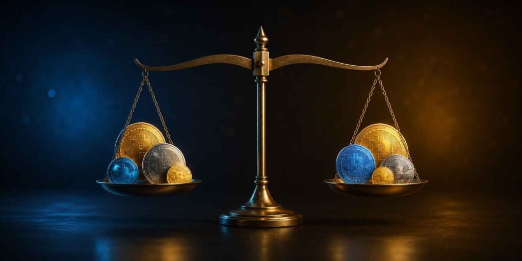 Crypto portfolio rebalancing illustrated as a balanced scale with different digital assets on each side