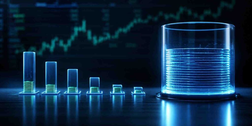 Crypto position sizing illustrated showing small individual trade allocations relative to total trading capital