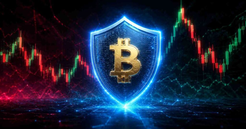 Crypto risk management illustrated as a protective shield against volatile market candlestick charts