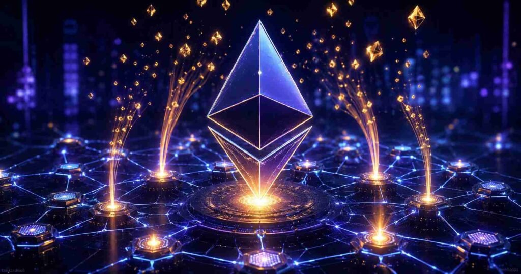 Crypto staking illustrated as an Ethereum symbol connected to blockchain network nodes with reward tokens flowing upward