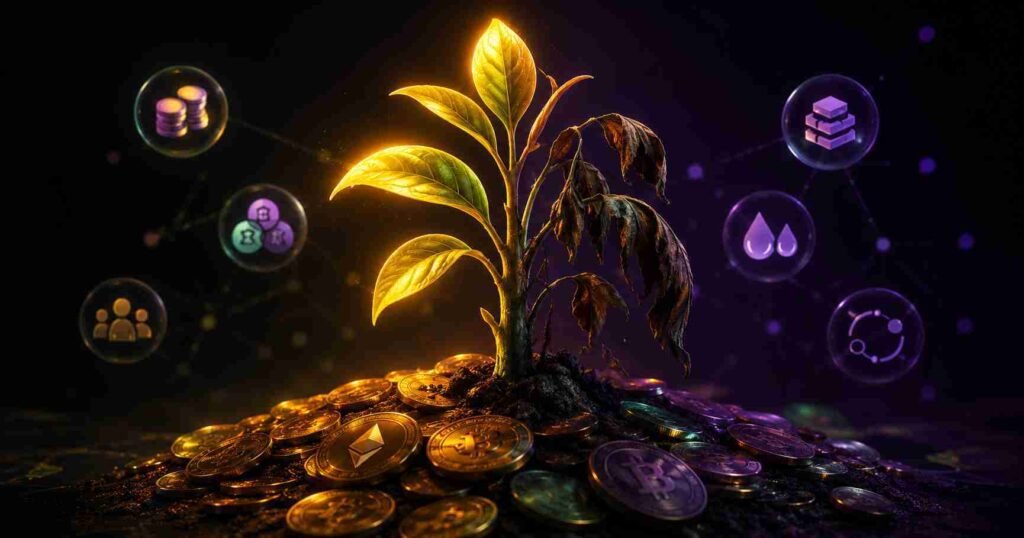 DeFi yield farming illustrated as a growing plant emerging from cryptocurrency coins with liquidity pool symbols