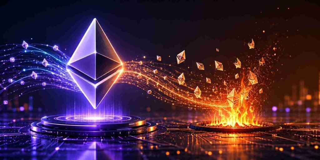 Ethereum gas fees illustrated with ETH burn mechanism and network transaction activity visualization