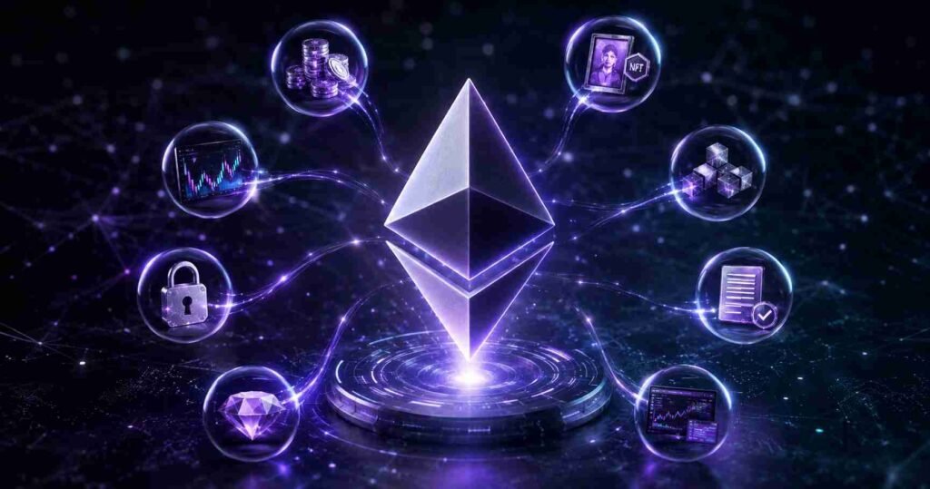 Ethereum trading tips illustrated with ETH symbol surrounded by DeFi smart contract and blockchain network connections