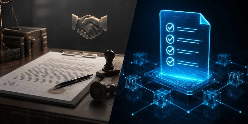 Smart contracts vs traditional contracts comparison showing automated blockchain execution against manual paper based agreements
