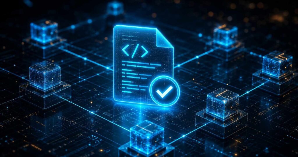 Smart contract illustrated as a glowing self-executing code document connected to blockchain network nodes