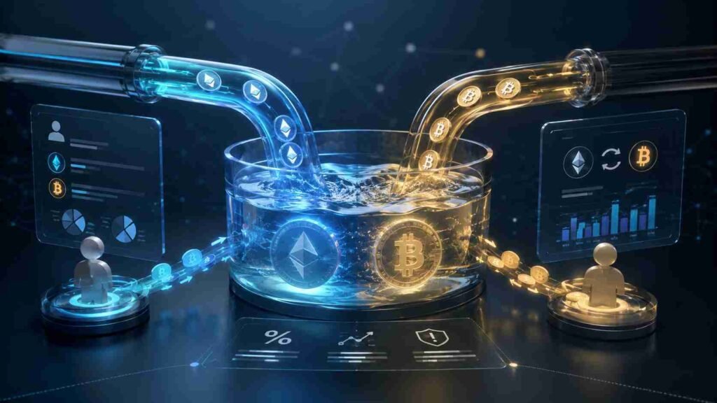 Crypto liquidity pool showing token swaps and liquidity providers