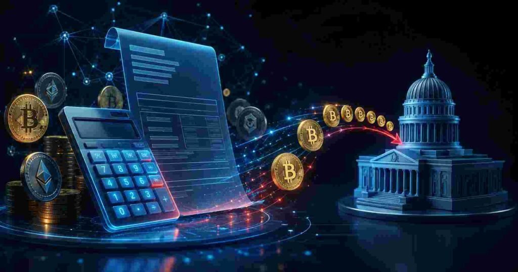 Crypto tax illustrated with calculator tax documents and cryptocurrency coins representing taxable events and capital gains